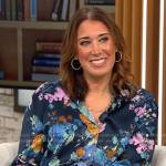 Sarah Gelman’s blue floral button down blouse on CBS Mornings