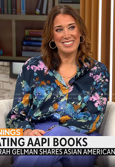 Sarah Gelman's blue floral button down blouse on CBS Mornings