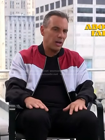 Sebastian Maniscalco’s colorblock bomber jacket on Access Hollywood