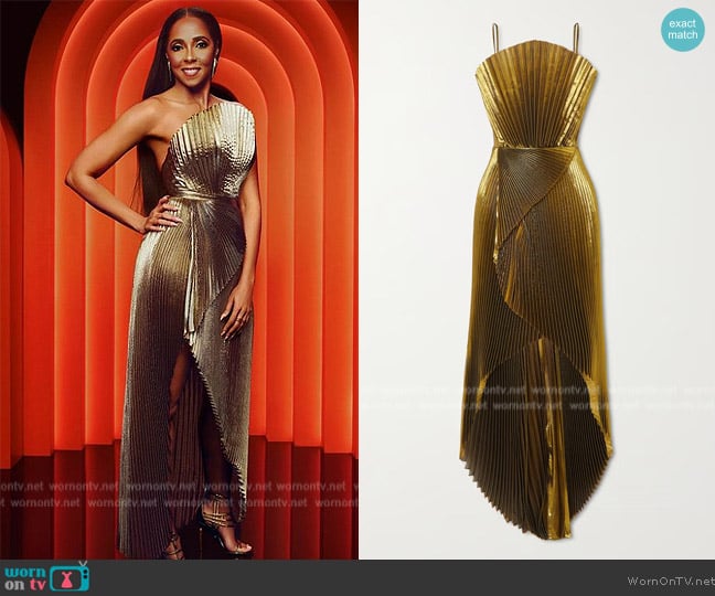 Semsem Draped silk-blend plisse-lame gown worn by Courtney Racquel Rhodes on The Real Housewives of Atlanta