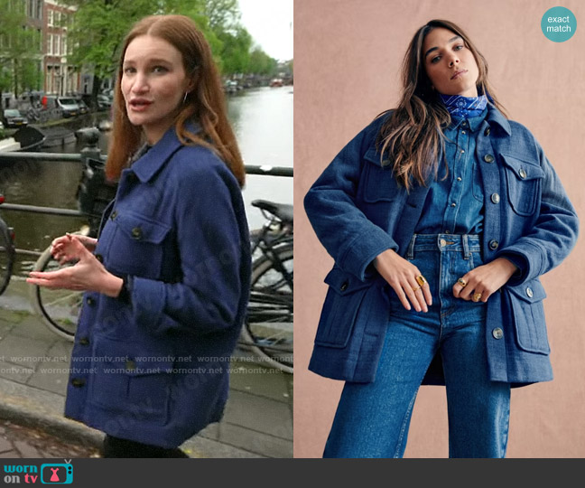 Sezane Paulin Coat in Vintage Blue worn by Haley Ott on CBS Mornings