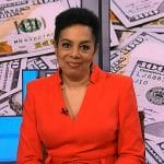 Sharon Epperson’s red v-neck belted dress on NBC News Daily