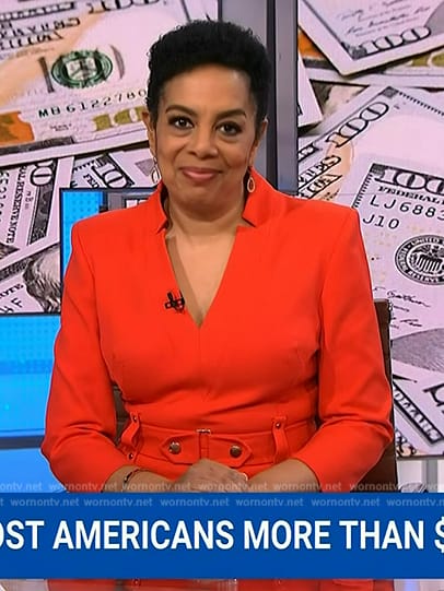 Sharon Epperson’s red v-neck belted dress on NBC News Daily