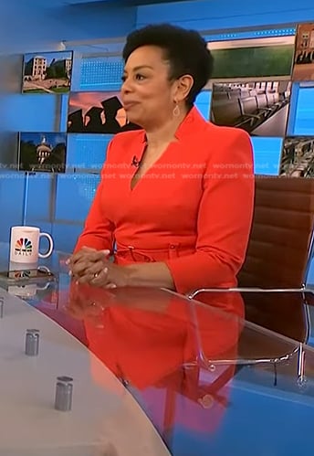 Sharon Epperson’s red v-neck belted dress on NBC News Daily