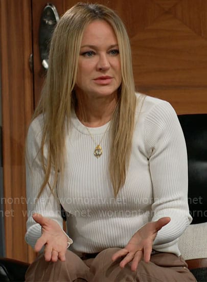 Sharon's white rib knit sweater on The Young and the Restless