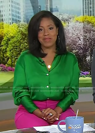 Sheinelle’s green button down satin shirt on Today