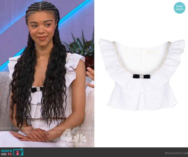 Shushu/Tong Embellished Ruffled Cloque Crop Top worn by India Amarteifio on The Kelly Clarkson Show