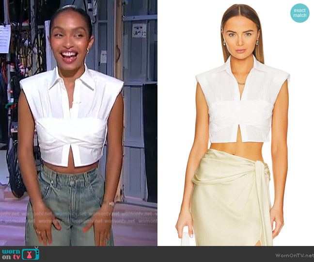 Simkhai Emie Cropped Box Sleeve Top worn by Yara Shahidi on Sherri