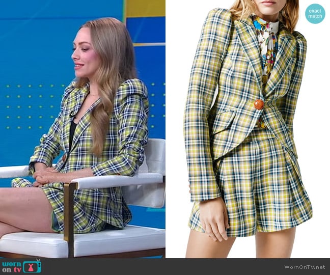 Smythe Plaid Puff Sleeve Blazer and Shorts worn by Amanda Seyfried on Good Morning America