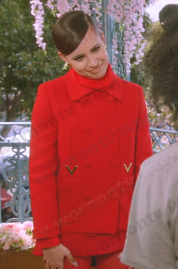 Sofia Carson's red peacoat and mini skirt on American Idol