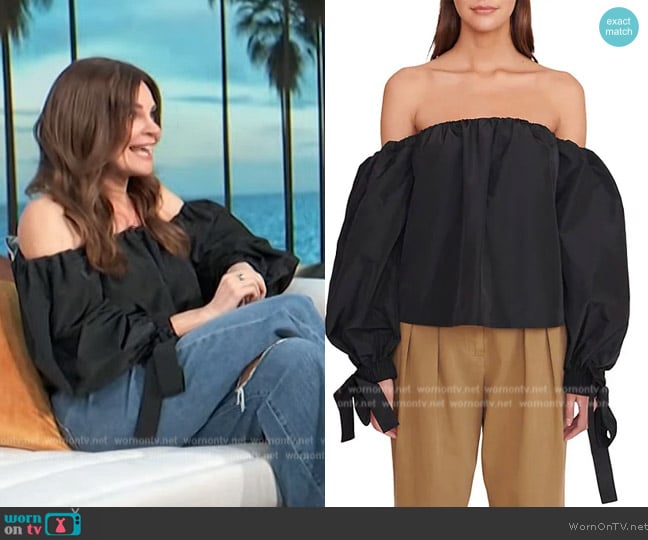 Staud Colby Off-Shoulder Balloon-Sleeve Top worn by Betsy Brandt on Access Hollywood