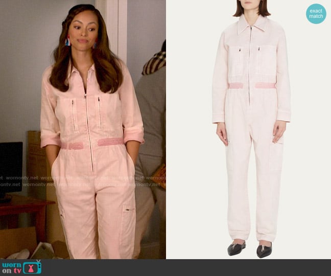 Stella McCartney Logo-Band Denim Straight-Leg Jumpsuit worn by Whitney Green (Amber Stevens West) on Run the World