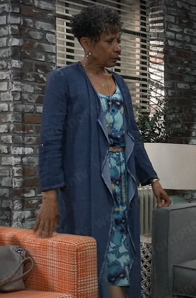 Stella's turquoise printed dress and long blue cardigan on General Hospital