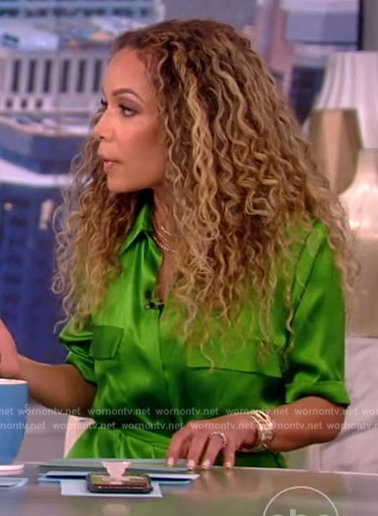 Sunny’s green satin utility dress on The View