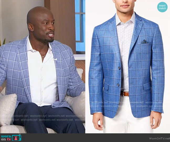 Tallia Slim-Fit Blue Windowpane Sport Coat worn by Akbar Gbajabiamila on The Talk