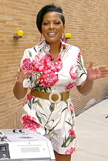 Tamron’s white floral print romper on Tamron Hall Show