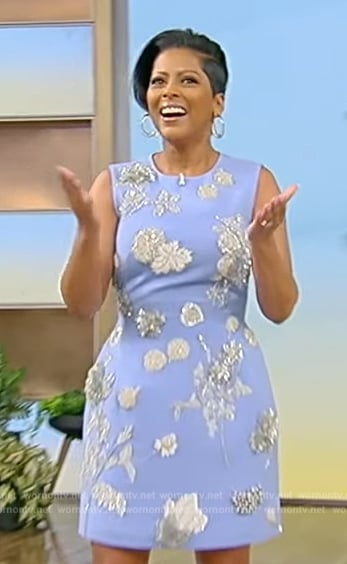 Tamron's blue floral applique mini dress on Tamron Hall Show