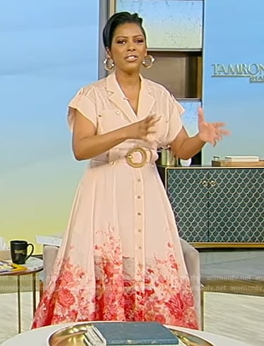 Tamron’s pink floral print button down dress on Tamron Hall Show