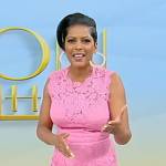 Tamron’s pink floral lace sleeveless dress on Tamron Hall Show