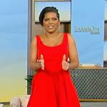 Tamron’s red ruffle side dress on Tamron Hall Show