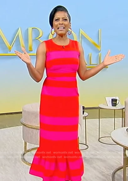 Tamron's red stripe sleeveless dress on Tamron Hall Show