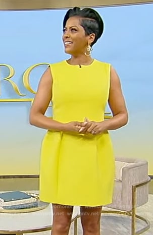 Tamron's yellow sleeveless mini dress on Tamron Hall Show