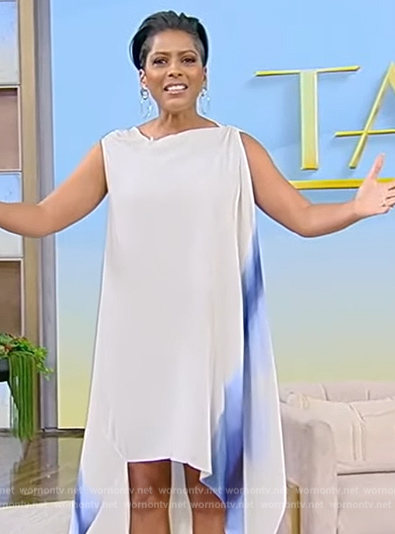 Tamron's white asymmetric tie dye dress on Tamron Hall Show