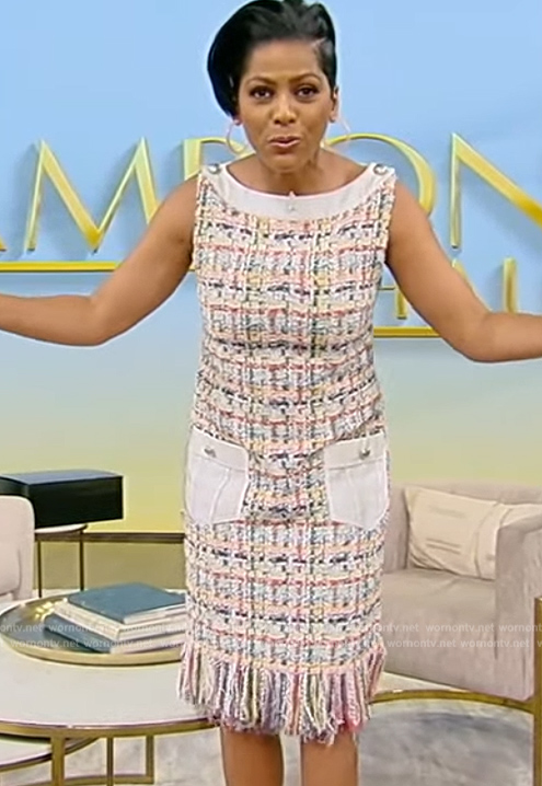 Tamron's tweed fringe mini dress on Tamron Hall Show