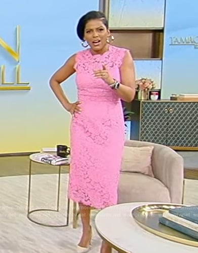 Tamron’s pink floral lace sleeveless dress on Tamron Hall Show