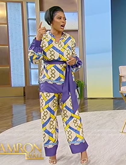 Tamron's blue horsebit print blouse and pants on Tamron Hall Show