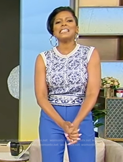 Tamron’s blue floral tank top on Tamron Hall Show