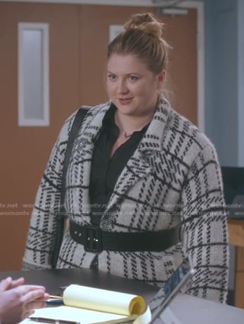 Taryn Helm’s white plaid wrap coat on Greys Anatomy