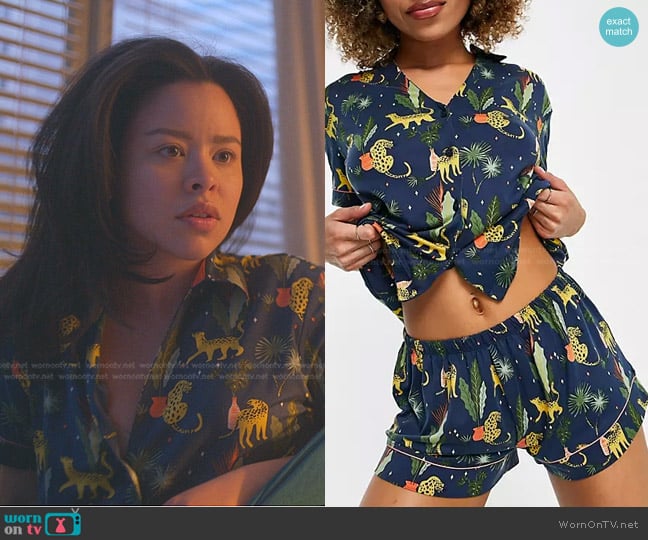 The Wellness Project Wild Night Short Pajama Set in navy worn by Mariana Foster (Cierra Ramirez) on Good Trouble