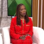 Thema Bryant’s red jacket with gold zips on CBS Mornings