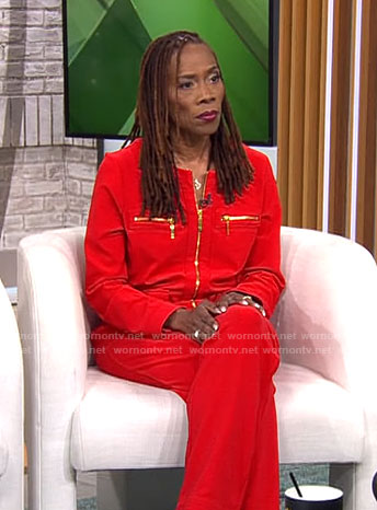 Thema Bryant’s red jacket with gold zips on CBS Mornings