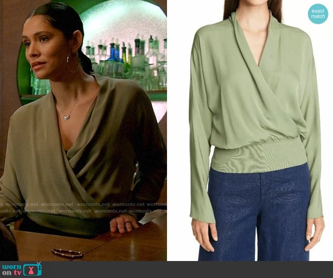 Theory Mixed Media Faux Wrap Silk Blouse worn by Stella Kidd (Miranda Rae Mayo) on Chicago Fire