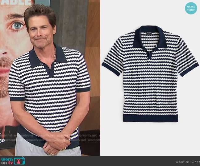 Todd Snyder Zipper Stripe Montauk Polo worn by Rob Lowe on Access Hollywood