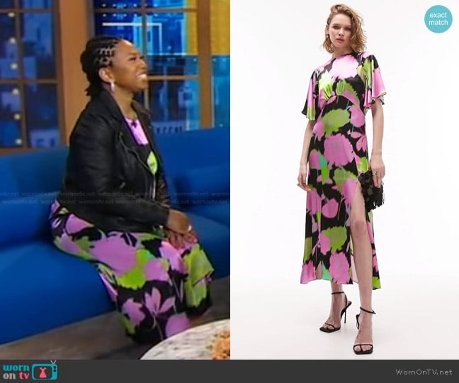 Topshop Abstract Floral Flutter Sleeve Satin Dress worn by Glory Edim on Good Morning America