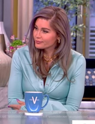 Trace Lysette’s turquoise button down dress on The View