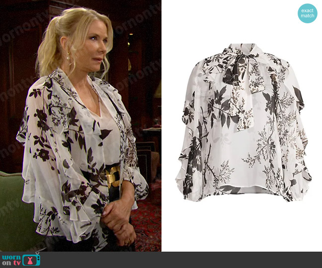 Ungaro Alexis Floral Silk Ruffled Blouse worn by Brooke Logan (Katherine Kelly Lang) on The Bold and the Beautiful