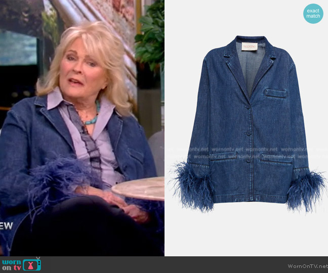 Valentino Feather-trimmed denim jacket worn by Candice Bergen on The View