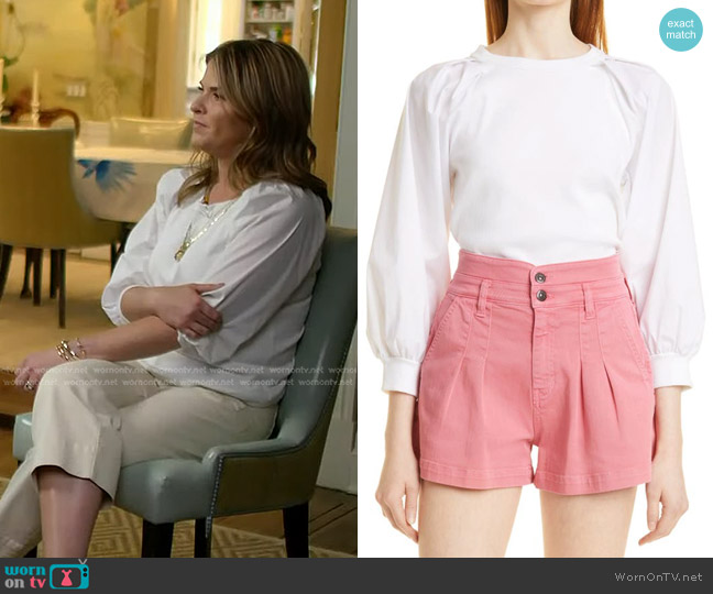 Veronica Beard Mixed Media Puff Sleeve Stretch Pima Cotton Top In White worn by Jenna Bush Hager on Today