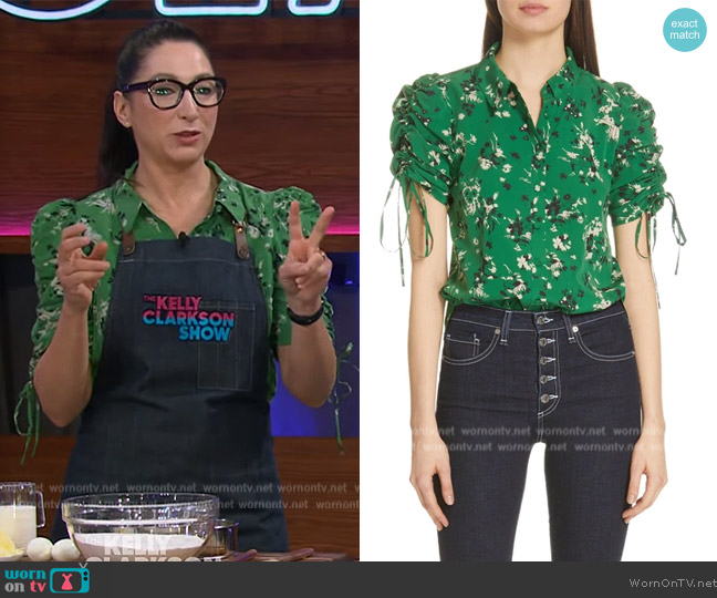 Veronica Beard Carmine Ruched Sleeve Blouse worn by Gesine Bullock on The Kelly Clarkson Show