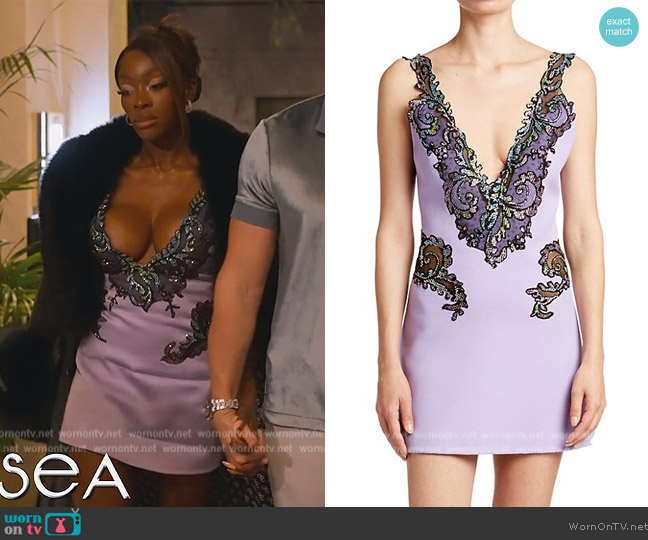 Versace Embroidered V-Neck Minidress worn by Chelsea Lazkani on Selling Sunset