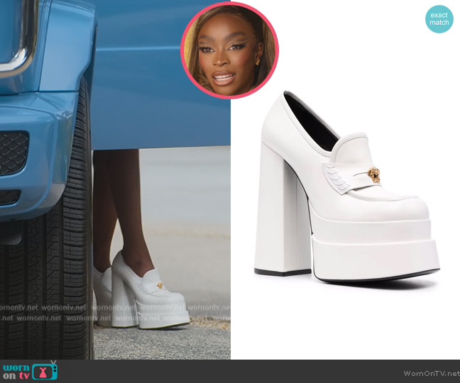 Intrico platform loafers by Versace worn by Chelsea Lazkani on Selling Sunset