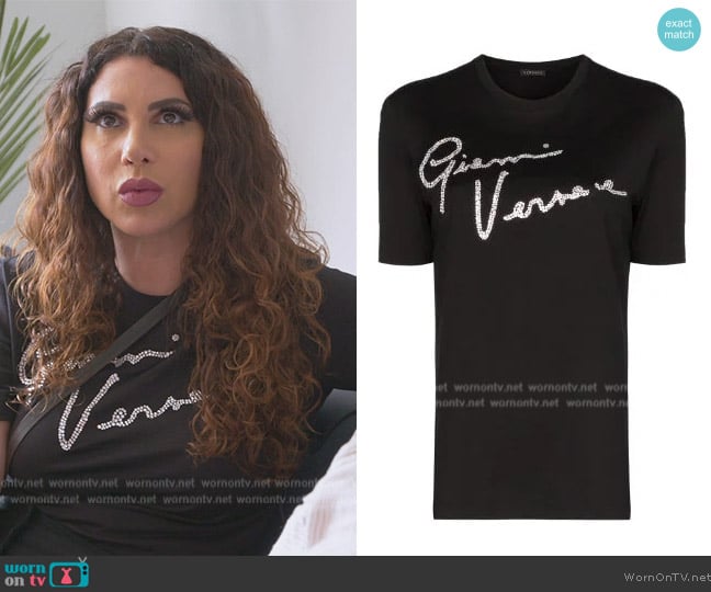 Versace Embellished Signature logo T-shirt worn by Jennifer Aydin on The Real Housewives of New Jersey