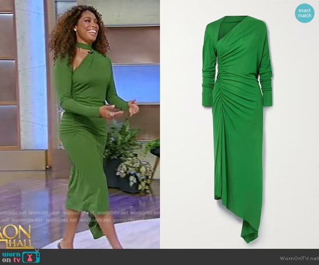 Victoria Beckham Asymmetric Ruched Midi Dress worn by Gina Torres on Tamron Hall Show