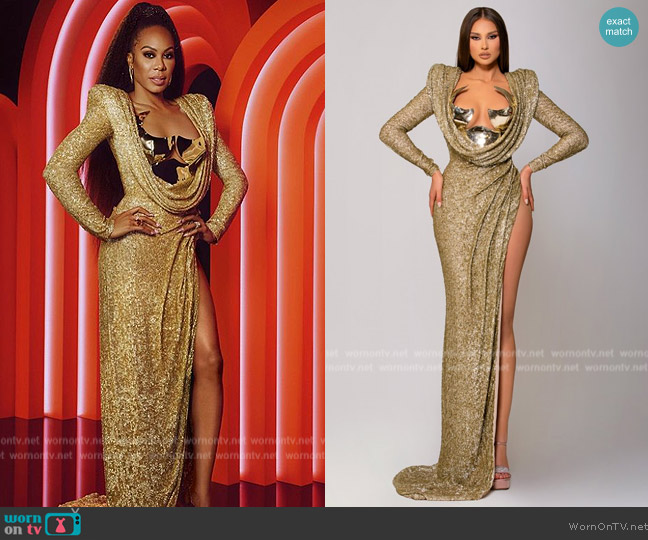  Side Slit Gold Shimmering Dress with Metallic Gold Chest Detail Walone Fashion worn by Sanya Richards-Ross on The Real Housewives of Atlanta