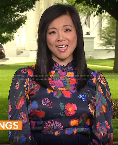 Weijia Jian's black floral top on CBS Mornings