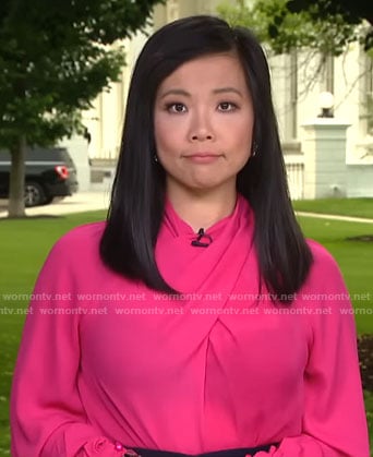 Weijia Jiang’s pink crossover blouse on CBS Mornings